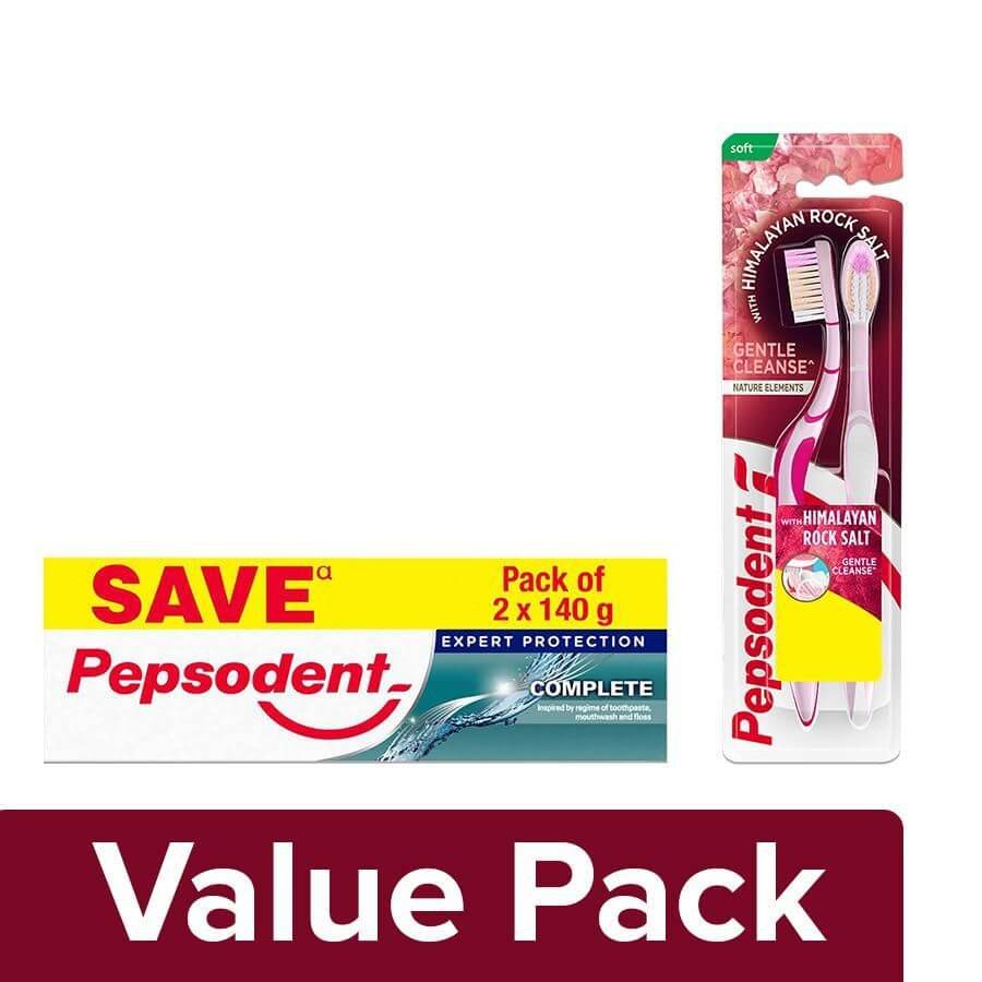 Pepsodent Pepsodent Toothpaste Complete 140gx2 + Gentle Cleanse Toothbrush Soft 2pcs, Combo 2 Items